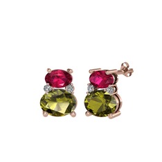 Rodolit garnet, peridot ve beyaz zirkon 18 ayar rose altın küpe