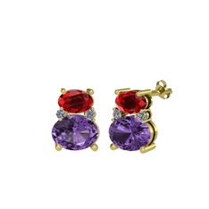 Garnet, ametist ve pırlanta 925 ayar altın kaplama gümüş küpe (0.072 karat)