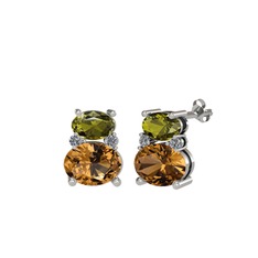 Peridot, dumanlı kuvars ve pırlanta 18 ayar beyaz altın küpe (0.072 karat)