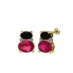 Siyah zirkon, rodolit garnet ve pırlanta 14 ayar altın küpe (0.072 karat)