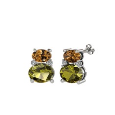 Dumanlı kuvars, peridot ve swarovski 8 ayar beyaz altın küpe