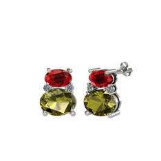 Garnet, peridot ve pırlanta 18 ayar beyaz altın küpe (0.072 karat)