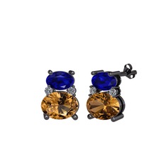 Thea Küpe - Lab safir, dumanlı kuvars ve pırlanta 925 ayar siyah rodyum kaplama gümüş küpe (0.072 karat) #1ffe1s