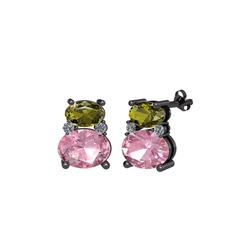 Thea Küpe - Peridot, pembe kuvars ve pırlanta 925 ayar siyah rodyum kaplama gümüş küpe (0.072 karat) #1fjqxox