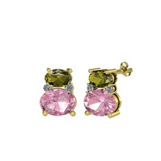 Thea Küpe - Peridot, pembe kuvars ve pırlanta 14 ayar altın küpe (0.072 karat) #1gwao08