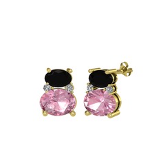 Siyah zirkon, pembe kuvars ve swarovski 18 ayar altın küpe