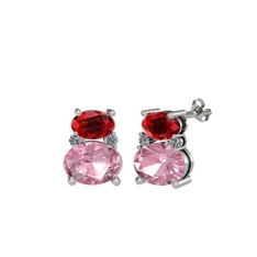 Garnet, pembe kuvars ve pırlanta 8 ayar beyaz altın küpe (0.072 karat)
