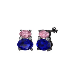 Pembe kuvars, lab safir ve swarovski 925 ayar siyah rodyum kaplama gümüş küpe