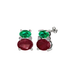 Yeşil kuvars, kök yakut ve beyaz zirkon 18 ayar beyaz altın küpe