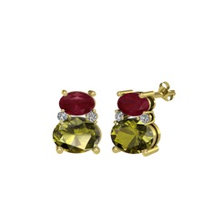 Kök yakut, peridot ve swarovski 14 ayar altın küpe