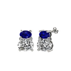 Lab safir, beyaz zirkon ve swarovski 8 ayar beyaz altın küpe