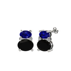 Lab safir, siyah zirkon ve swarovski 8 ayar beyaz altın küpe