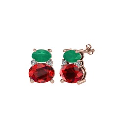 Kök zümrüt, garnet ve swarovski 14 ayar rose altın küpe