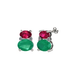 Rodolit garnet, kök zümrüt ve pırlanta 8 ayar beyaz altın küpe (0.072 karat)