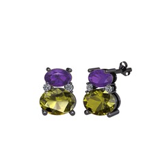 Thea Küpe - Ametist, peridot ve pırlanta 925 ayar siyah rodyum kaplama gümüş küpe (0.072 karat) #1smzjkx