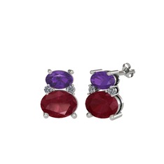 Ametist, kök yakut ve pırlanta 8 ayar beyaz altın küpe (0.072 karat)