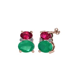 Thea Küpe - Rodolit garnet, kök zümrüt ve pırlanta 14 ayar rose altın küpe (0.072 karat) #1tl667s