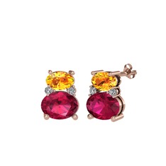 Sitrin, rodolit garnet ve beyaz zirkon 14 ayar rose altın küpe