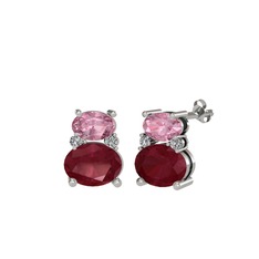 Pembe kuvars, kök yakut ve swarovski 8 ayar beyaz altın küpe