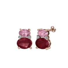 Pembe kuvars, kök yakut ve swarovski 14 ayar rose altın küpe