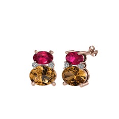 Rodolit garnet, dumanlı kuvars ve swarovski 8 ayar rose altın küpe