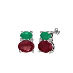 Kök zümrüt, kök yakut ve beyaz zirkon 18 ayar beyaz altın küpe