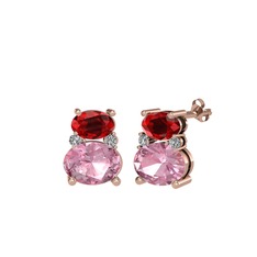 Garnet, pembe kuvars ve beyaz zirkon 925 ayar rose altın kaplama gümüş küpe