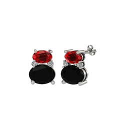 Garnet, siyah zirkon ve swarovski 8 ayar beyaz altın küpe