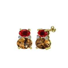 Garnet, dumanlı kuvars ve beyaz zirkon 8 ayar altın küpe