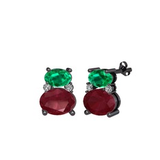 Thea Küpe - Yeşil kuvars, kök yakut ve beyaz zirkon 925 ayar siyah rodyum kaplama gümüş küpe #6nomd9