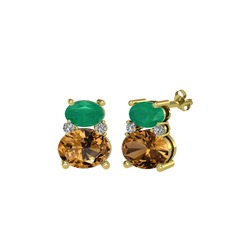 Kök zümrüt, dumanlı kuvars ve beyaz zirkon 925 ayar altın kaplama gümüş küpe