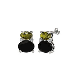 Peridot, siyah zirkon ve beyaz zirkon 18 ayar beyaz altın küpe