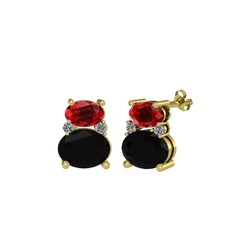 Garnet, siyah zirkon ve pırlanta 14 ayar altın küpe (0.072 karat)