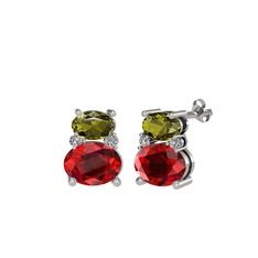 Peridot, garnet ve beyaz zirkon 8 ayar beyaz altın küpe