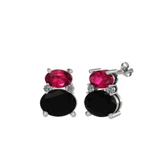 Rodolit garnet, siyah zirkon ve pırlanta 14 ayar beyaz altın küpe (0.072 karat)