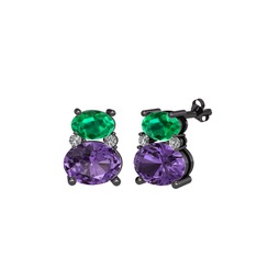 Thea Küpe - Yeşil kuvars, ametist ve beyaz zirkon 925 ayar siyah rodyum kaplama gümüş küpe #aq7hj9