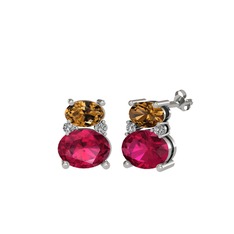 Dumanlı kuvars, rodolit garnet ve swarovski 8 ayar beyaz altın küpe