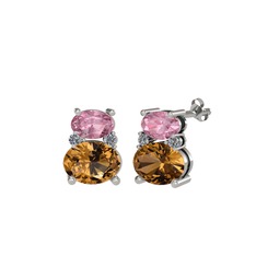 Pembe kuvars, dumanlı kuvars ve pırlanta 18 ayar beyaz altın küpe (0.072 karat)