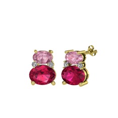 Pembe kuvars, rodolit garnet ve swarovski 18 ayar altın küpe
