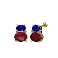 Lab safir, kök yakut ve pırlanta 925 ayar altın kaplama gümüş küpe (0.072 karat)