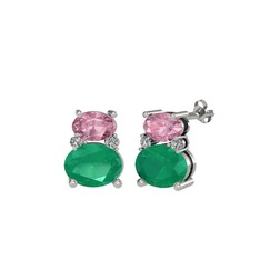 Thea Küpe - Pembe kuvars, kök zümrüt ve beyaz zirkon 8 ayar beyaz altın küpe #fz6uns