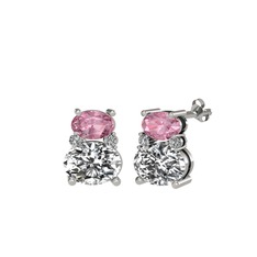 Pembe kuvars, beyaz zirkon ve swarovski 8 ayar beyaz altın küpe