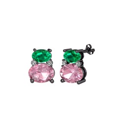 Thea Küpe - Yeşil kuvars, pembe kuvars ve swarovski 925 ayar siyah rodyum kaplama gümüş küpe #gcntzp