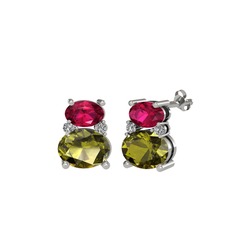 Rodolit garnet, peridot ve beyaz zirkon 8 ayar beyaz altın küpe