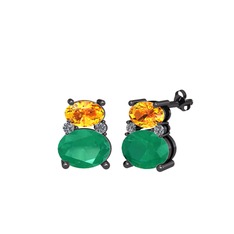 Thea Küpe - Sitrin, kök zümrüt ve pırlanta 925 ayar siyah rodyum kaplama gümüş küpe (0.072 karat) #kzk3kt