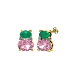 Thea Küpe - Kök zümrüt, pembe kuvars ve pırlanta 14 ayar altın küpe (0.072 karat) #mhvmwa