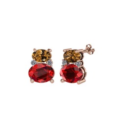 Dumanlı kuvars, garnet ve pırlanta 14 ayar rose altın küpe (0.072 karat)