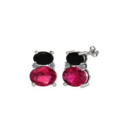 Siyah zirkon, rodolit garnet ve pırlanta 18 ayar beyaz altın küpe (0.072 karat)