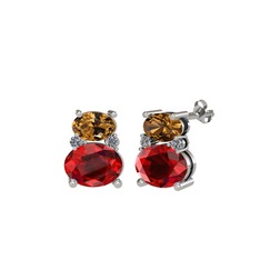 Dumanlı kuvars, garnet ve pırlanta 8 ayar beyaz altın küpe (0.072 karat)