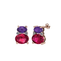 Ametist, rodolit garnet ve pırlanta 18 ayar rose altın küpe (0.072 karat)